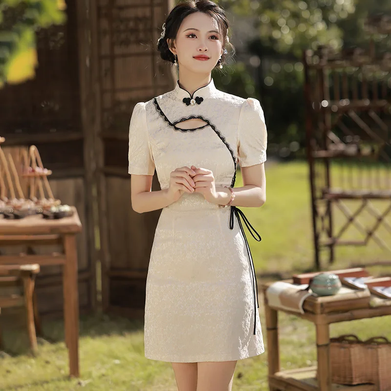 Pagerėjo Mini Cheongsam Moterims, Elegantiška Vintage Suknelės Vasaros Kinų Stiliaus Trumpomis Rankovėmis Qipao Nuotrauka 0