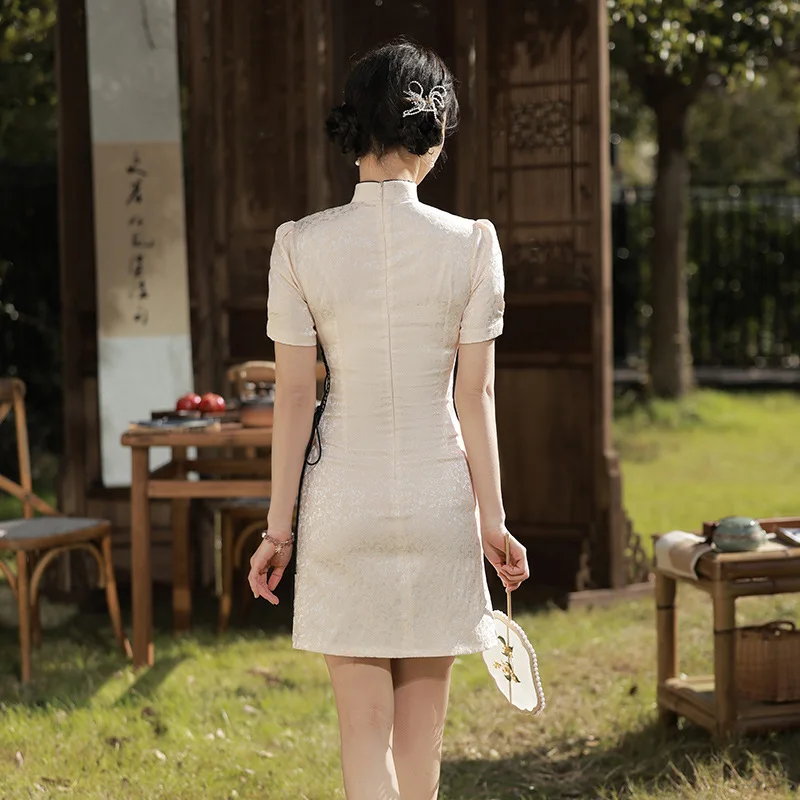 Pagerėjo Mini Cheongsam Moterims, Elegantiška Vintage Suknelės Vasaros Kinų Stiliaus Trumpomis Rankovėmis Qipao Nuotrauka 3
