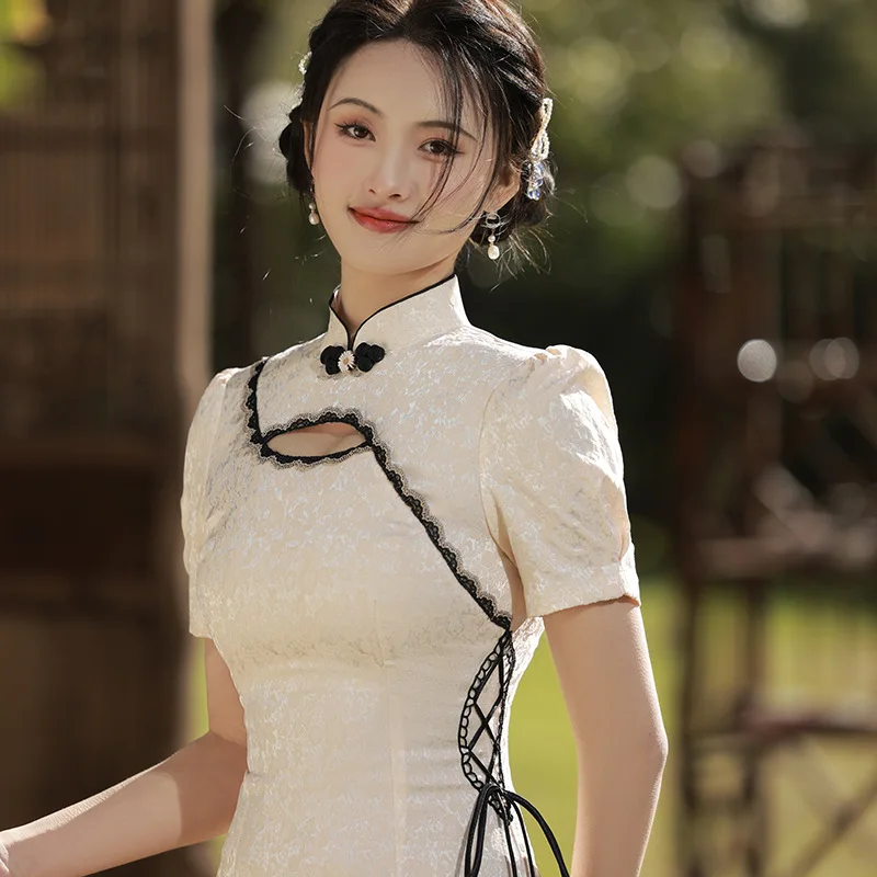 Pagerėjo Mini Cheongsam Moterims, Elegantiška Vintage Suknelės Vasaros Kinų Stiliaus Trumpomis Rankovėmis Qipao Nuotrauka 4