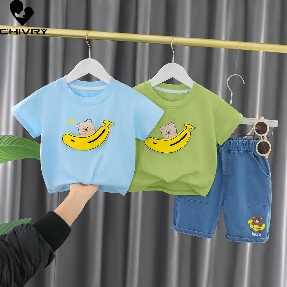 Berniukai Vasaros Drabužių Naujas 2023 Kūdikis Berniukas Animaciją Bananų Lokys Trumpas Rankovės O-Kaklo Viršūnes T-shirt su Džinsinio Šortai Vaikams Drabužių Rinkiniai Nuotrauka 0