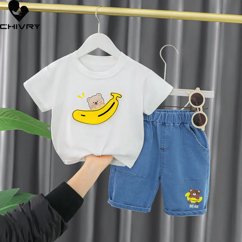 Berniukai Vasaros Drabužių Naujas 2023 Kūdikis Berniukas Animaciją Bananų Lokys Trumpas Rankovės O-Kaklo Viršūnes T-shirt su Džinsinio Šortai Vaikams Drabužių Rinkiniai Nuotrauka 1