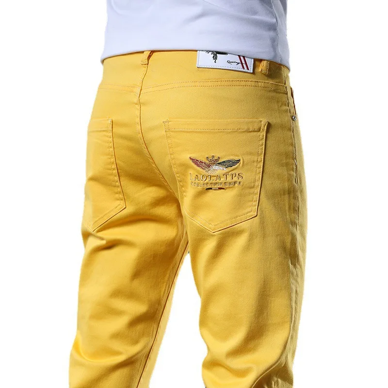 Vyriški Išgalvotas Neoninės Spalvos Y2K Džinsinio Džinsus Streetwear Slim Tiesios Kelnės Skylių Kankina Kelnės Geltona Siuvinėti Džinsai Nuotrauka 1