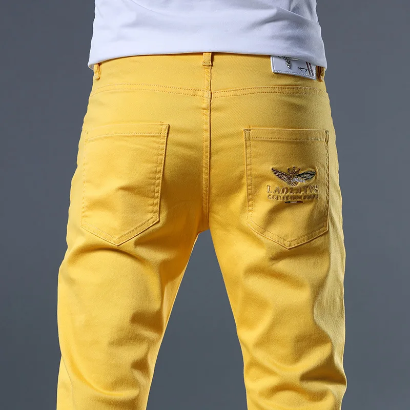 Vyriški Išgalvotas Neoninės Spalvos Y2K Džinsinio Džinsus Streetwear Slim Tiesios Kelnės Skylių Kankina Kelnės Geltona Siuvinėti Džinsai Nuotrauka 3