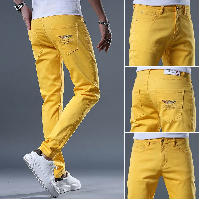 Vyriški Išgalvotas Neoninės Spalvos Y2K Džinsinio Džinsus Streetwear Slim Tiesios Kelnės Skylių Kankina Kelnės Geltona Siuvinėti Džinsai Nuotrauka 5