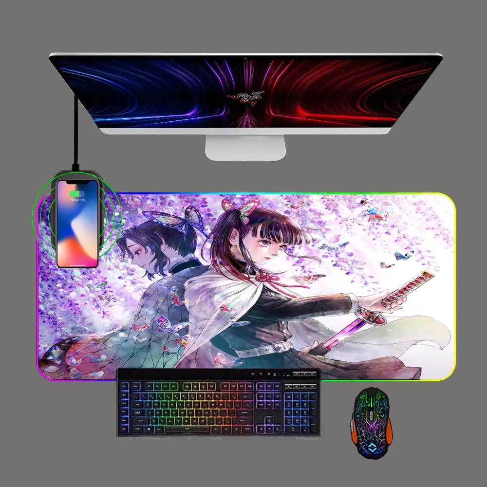 Demon Slayer Telefono Belaidžio Įkrovimo Žaidimų Pelės Mygtukai RGB LED Anime Klaviatūros Gamer Kompiuteris Biurų Kilimėlis Pc Kilimėlis kilimas Nuotrauka 2