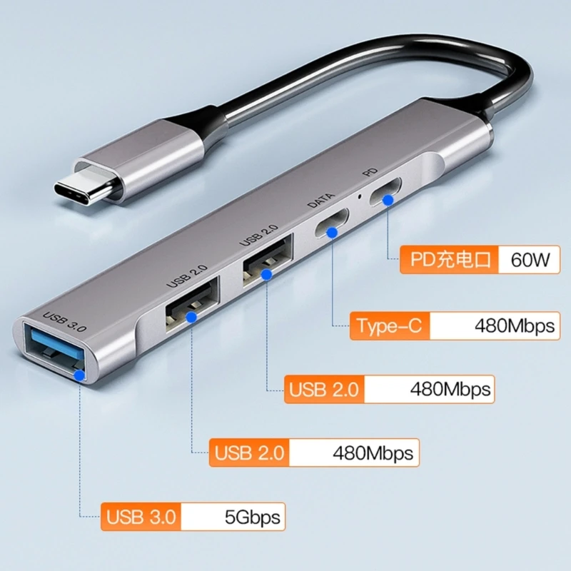 USB C Hub 4 1. Uosto TypeC Multi USB jungtys Aliuminio Lydinio Duomenų Centru, Nešiojamieji kompiuteriai, Telefonai Pagalvėlės Tablečių TypeC Adapteris Nuotrauka 2