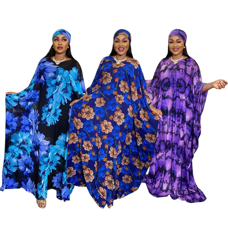 Elegantiškas Plius Dydis Afrikos Spausdinti Suknelės Moterims Dashiki Šifono Ilgas, Maxi Suknelė Vasaros 3 Gabalas Abaja Rinkinys Su Hijab Ir Vidinės Nuotrauka 0