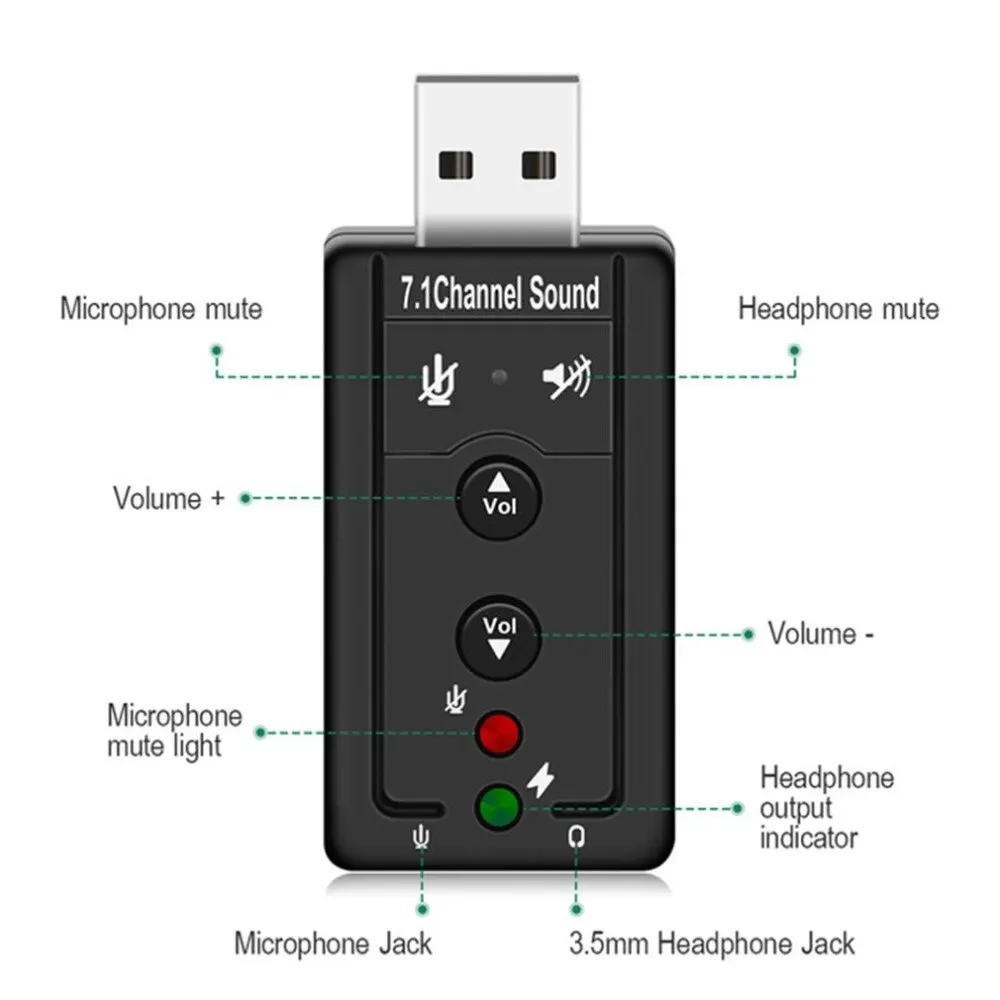 USB Šakotuvai, USB 2.0 Išorinė Garso plokštė 7.1 CH Audio Mini Adapteris Mygtuką Kontrolės 3.5 mm Ausinių MIKROFONAS Sąsaja Kompiuterio Komponentai Nuotrauka 2