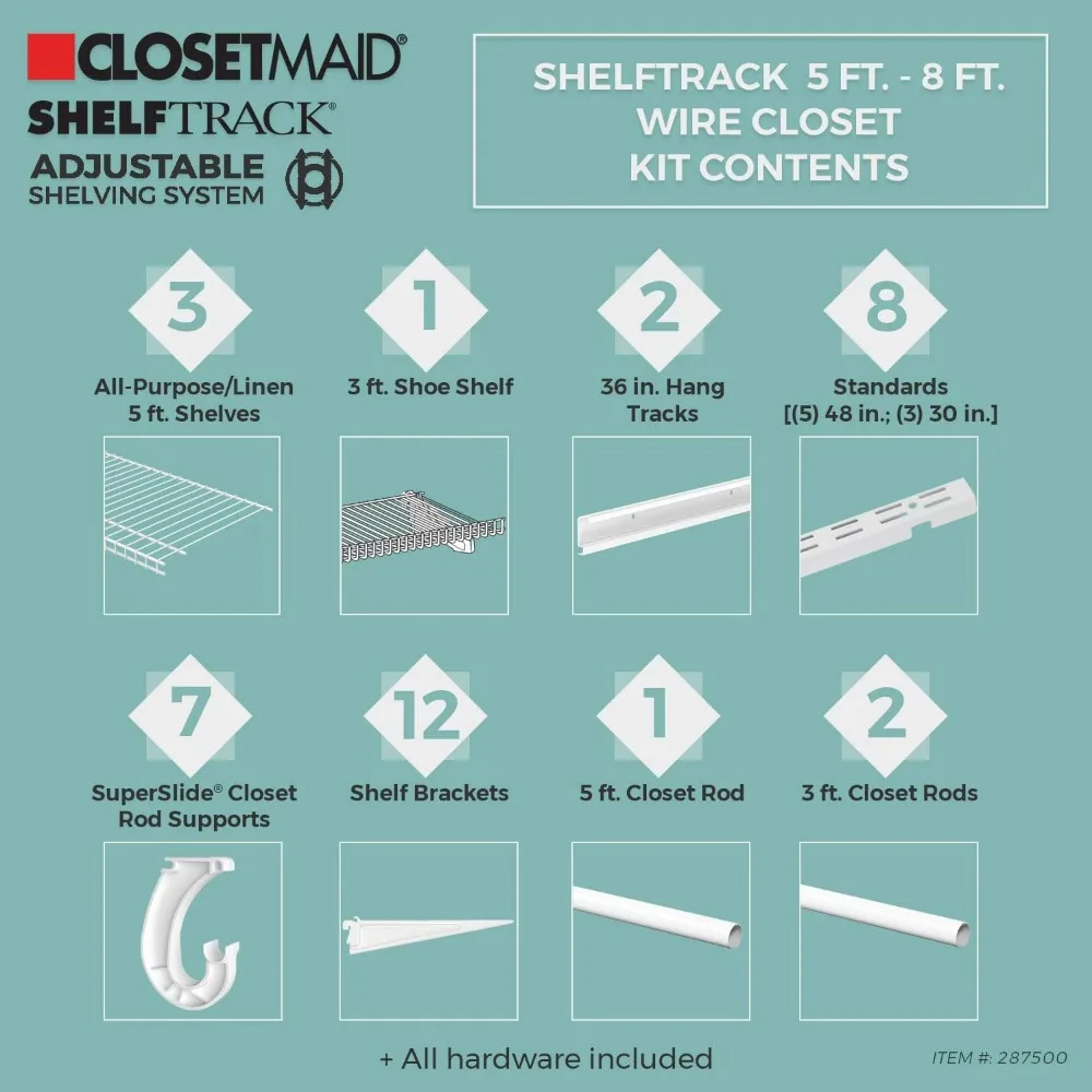 ClosetMaid ShelfTrack Vielos Spinta Organizatorius Sistema, Reguliuojama nuo 5 iki 8 Pėdų., Su Lentynomis, Drabužių Juostos, Batų Lentynos, Aparatūros Nuotrauka 2