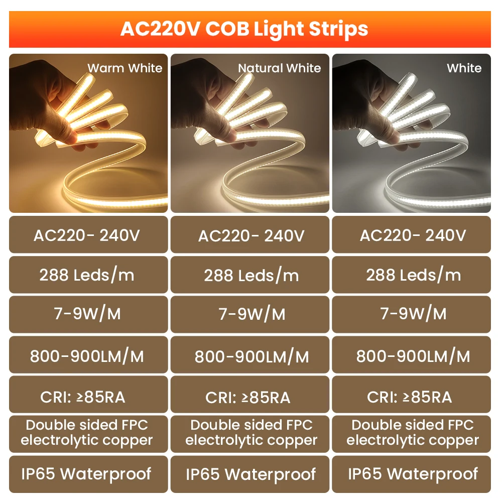220V COB LED Juostelės šviesos srautą galima reguliuoti 288Leds/m, Didelis Tankis FOB LED Juostelė Juostelė Šviesos Juosta atspari Vandeniui Linijinis Juostelė Su šviesos Reguliatorius/Jungiklis Nuotrauka 4