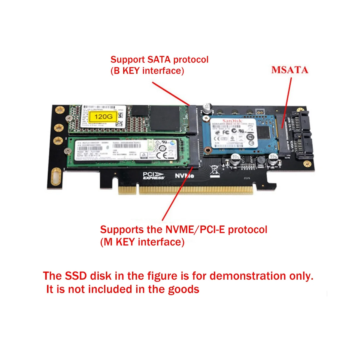 3 1. Stalinis Kompiuteris Riser Card PCIE X16 M. 2 M Klavišą NVME SSD+2 M. B Klavišą, SATA SSD+MSATA SSD Adapteris Nuotrauka 3