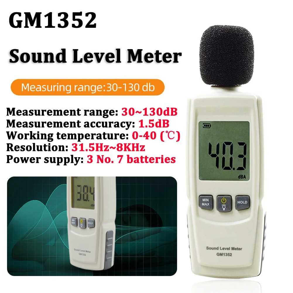 GM1352 Skaitmeninio Garso Triukšmo Lygio Matuoklis Testeris 30-130dB į Decibelų LCD Ekranas Su Apšvietimu Triukšmo Garso Detektorius Auto Mikrofonas Nuotrauka 0