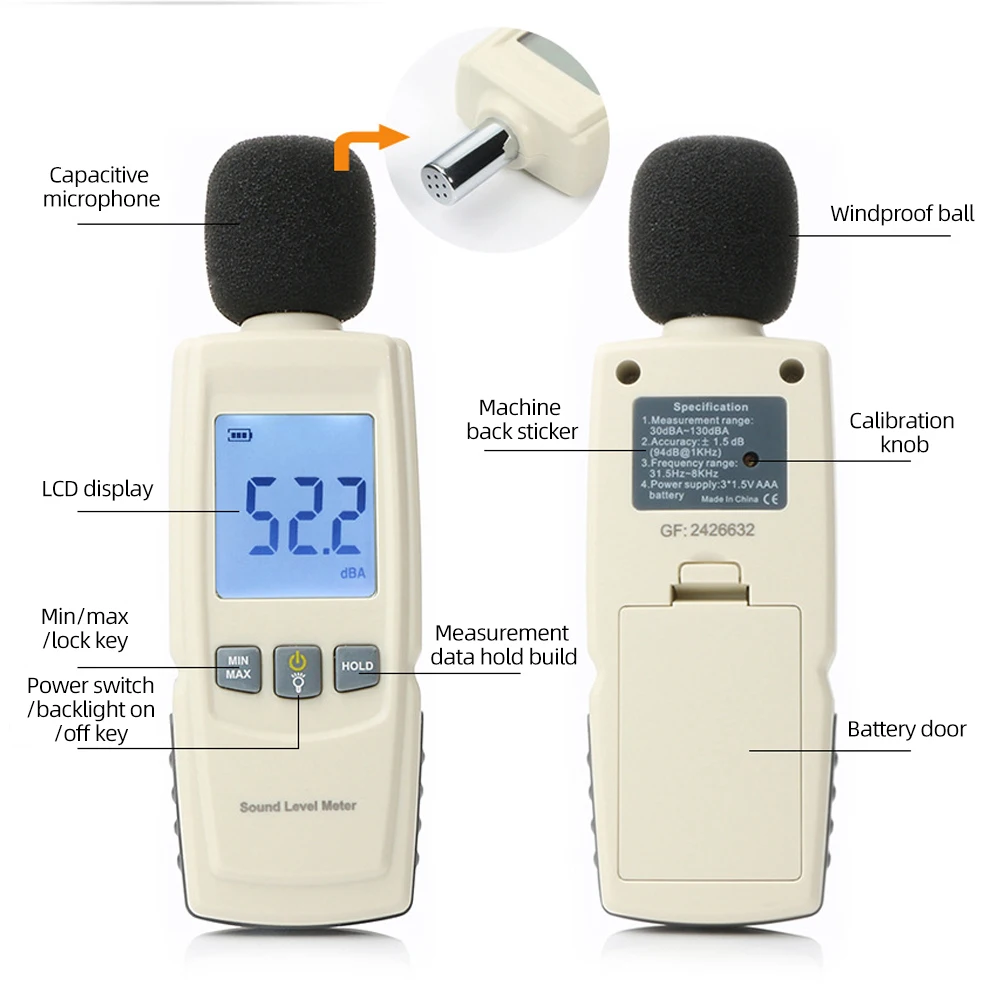 GM1352 Skaitmeninio Garso Triukšmo Lygio Matuoklis Testeris 30-130dB į Decibelų LCD Ekranas Su Apšvietimu Triukšmo Garso Detektorius Auto Mikrofonas Nuotrauka 5