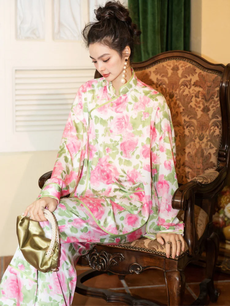 TXii Gėlių Spausdinti Kimono Moterų Pižama Rinkinys Satin Ilgos Rankovės, Kelnės, Kostiumas Mados 2023 Derliaus Sleepwear Pj Namų Drabužiai Nuotrauka 0