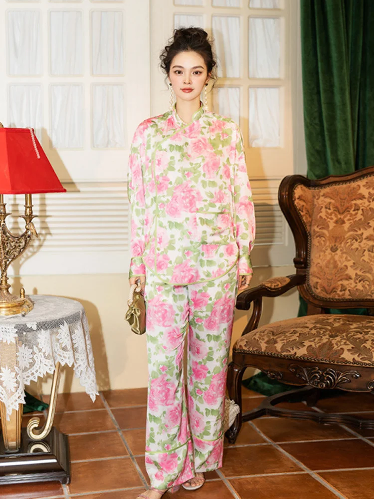 TXii Gėlių Spausdinti Kimono Moterų Pižama Rinkinys Satin Ilgos Rankovės, Kelnės, Kostiumas Mados 2023 Derliaus Sleepwear Pj Namų Drabužiai Nuotrauka 1