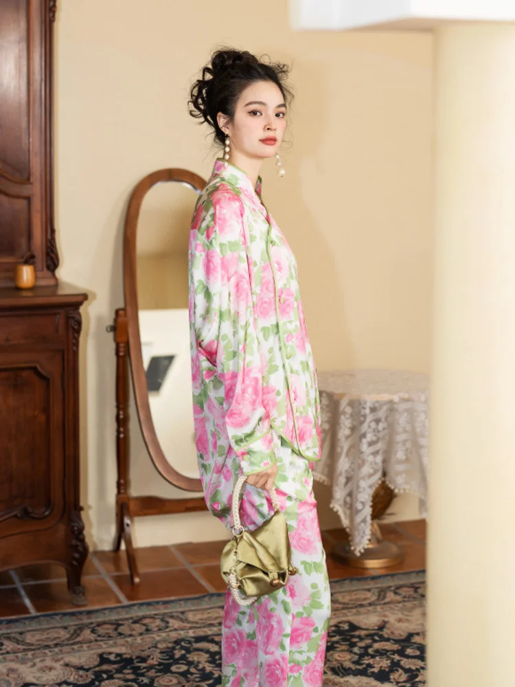 TXii Gėlių Spausdinti Kimono Moterų Pižama Rinkinys Satin Ilgos Rankovės, Kelnės, Kostiumas Mados 2023 Derliaus Sleepwear Pj Namų Drabužiai Nuotrauka 2