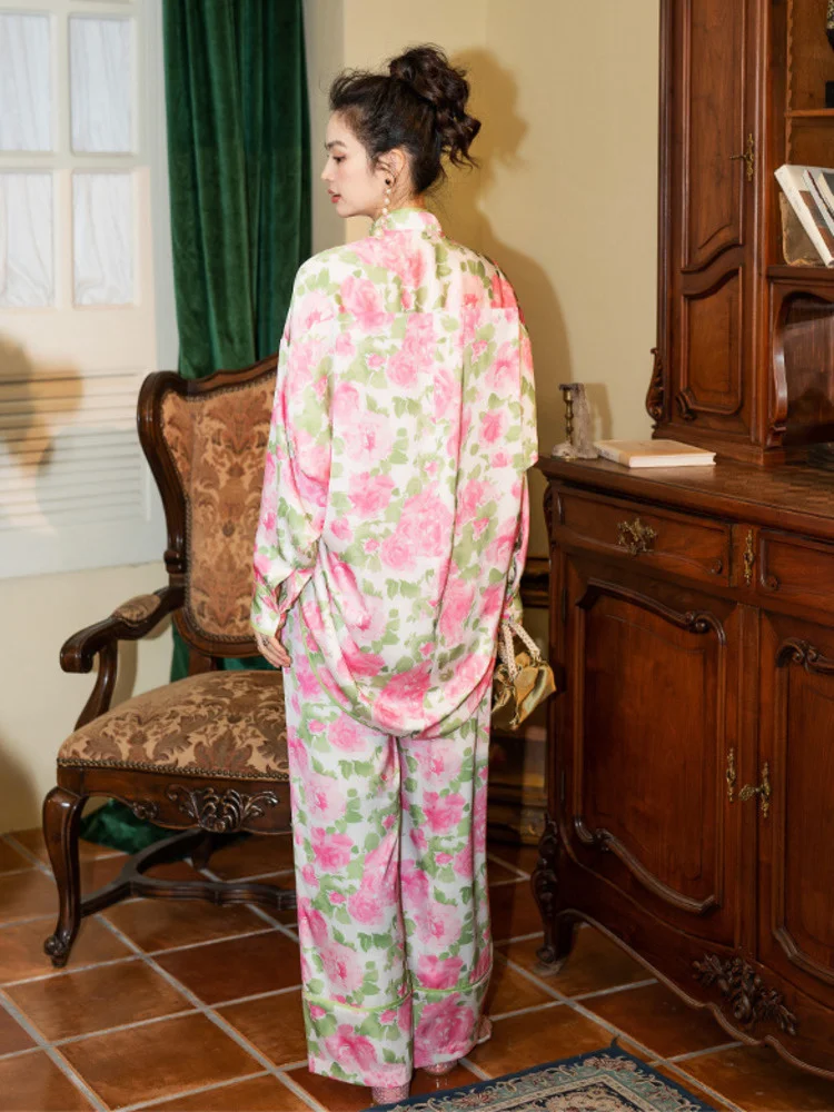 TXii Gėlių Spausdinti Kimono Moterų Pižama Rinkinys Satin Ilgos Rankovės, Kelnės, Kostiumas Mados 2023 Derliaus Sleepwear Pj Namų Drabužiai Nuotrauka 3