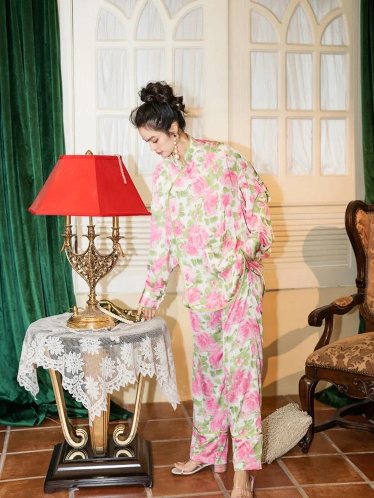 TXii Gėlių Spausdinti Kimono Moterų Pižama Rinkinys Satin Ilgos Rankovės, Kelnės, Kostiumas Mados 2023 Derliaus Sleepwear Pj Namų Drabužiai Nuotrauka 4