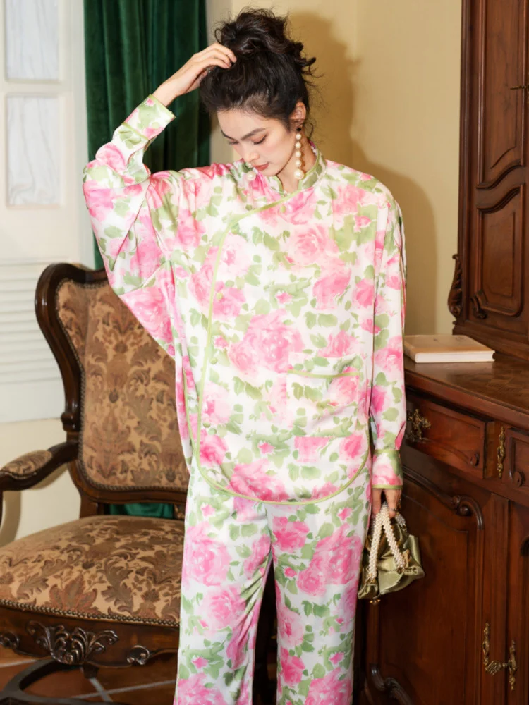 TXii Gėlių Spausdinti Kimono Moterų Pižama Rinkinys Satin Ilgos Rankovės, Kelnės, Kostiumas Mados 2023 Derliaus Sleepwear Pj Namų Drabužiai Nuotrauka 5