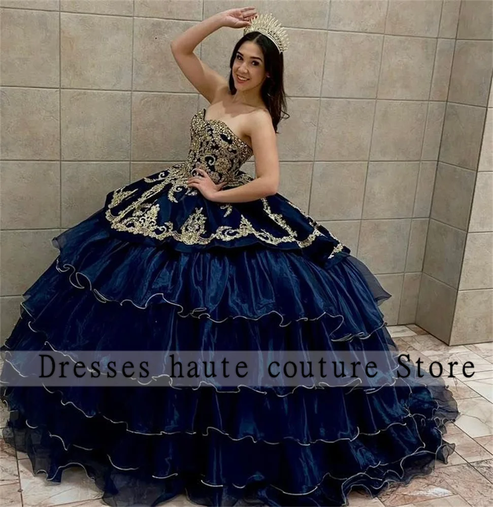 Tamsiai Mėlynos Spalvos Tiulio Quinceanera Suknelės Kamuolys Suknelė 2023 Brangioji Aukso Appliques Kristalų Meksikos Saldus 16 Suknelė Gimtadienio Suknelė Nuotrauka 0