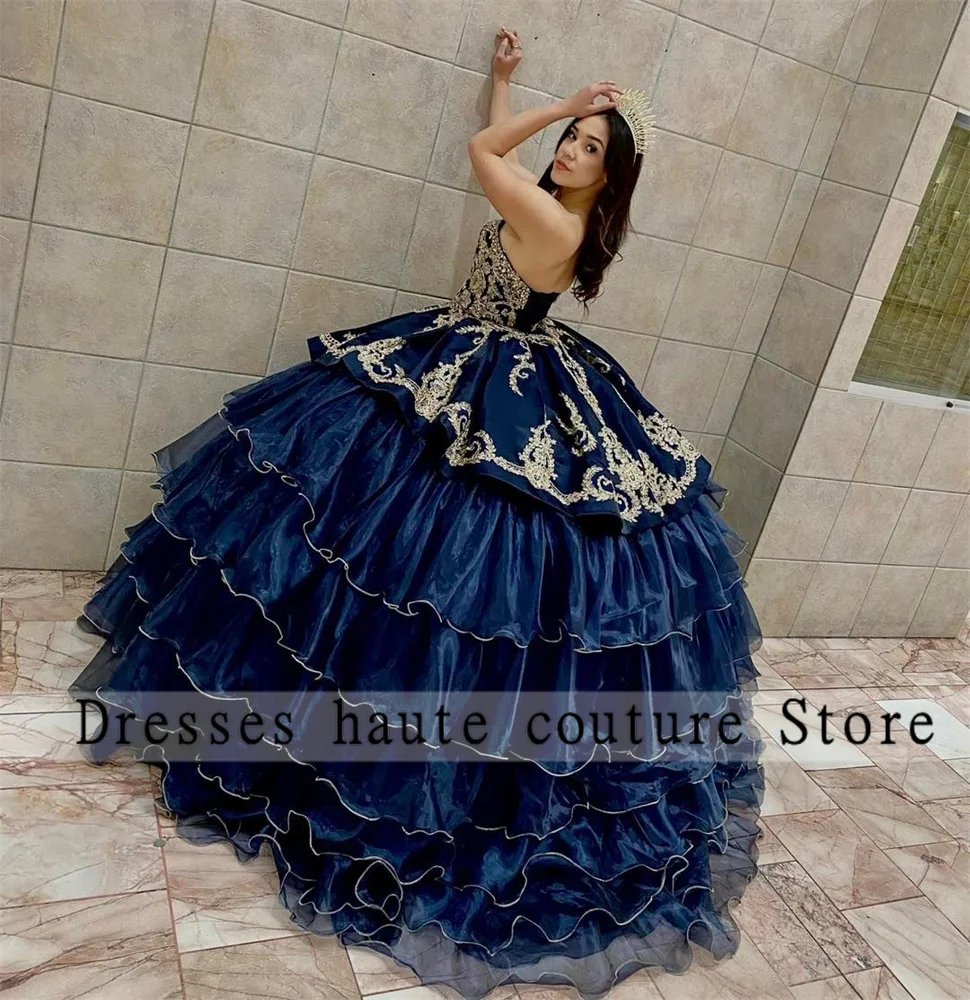 Tamsiai Mėlynos Spalvos Tiulio Quinceanera Suknelės Kamuolys Suknelė 2023 Brangioji Aukso Appliques Kristalų Meksikos Saldus 16 Suknelė Gimtadienio Suknelė Nuotrauka 1