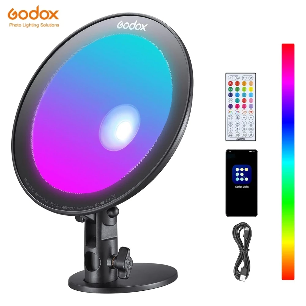 Godox CL10 RGB aplinkos šviesos, 36,000 spalvų LED RGB, aplinkos šviesos, 39 specialius apšvietimo efektus, su APP/ nuotolinio valdymo pultą. Nuotrauka 0