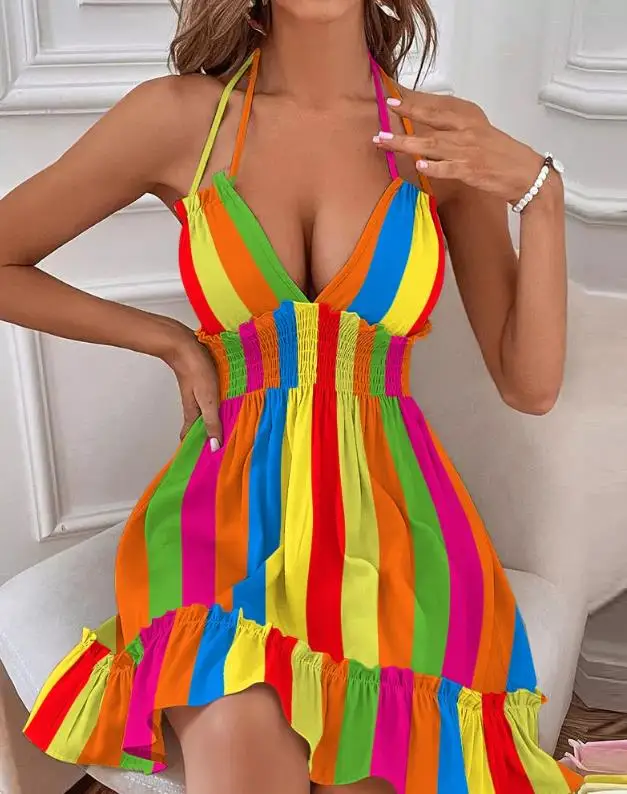 Suknelės Moterims 2023 Naują Spausdinimo Shirred Raukiniai Apynasrio Atsitiktinis Suknelė Moterų Vasaros Vaivorykštė Juostele V-Kaklo Linijos Mini Suknelė Nuotrauka 0