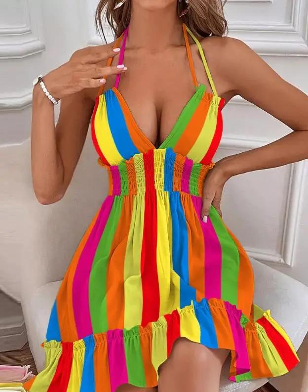 Suknelės Moterims 2023 Naują Spausdinimo Shirred Raukiniai Apynasrio Atsitiktinis Suknelė Moterų Vasaros Vaivorykštė Juostele V-Kaklo Linijos Mini Suknelė Nuotrauka 2