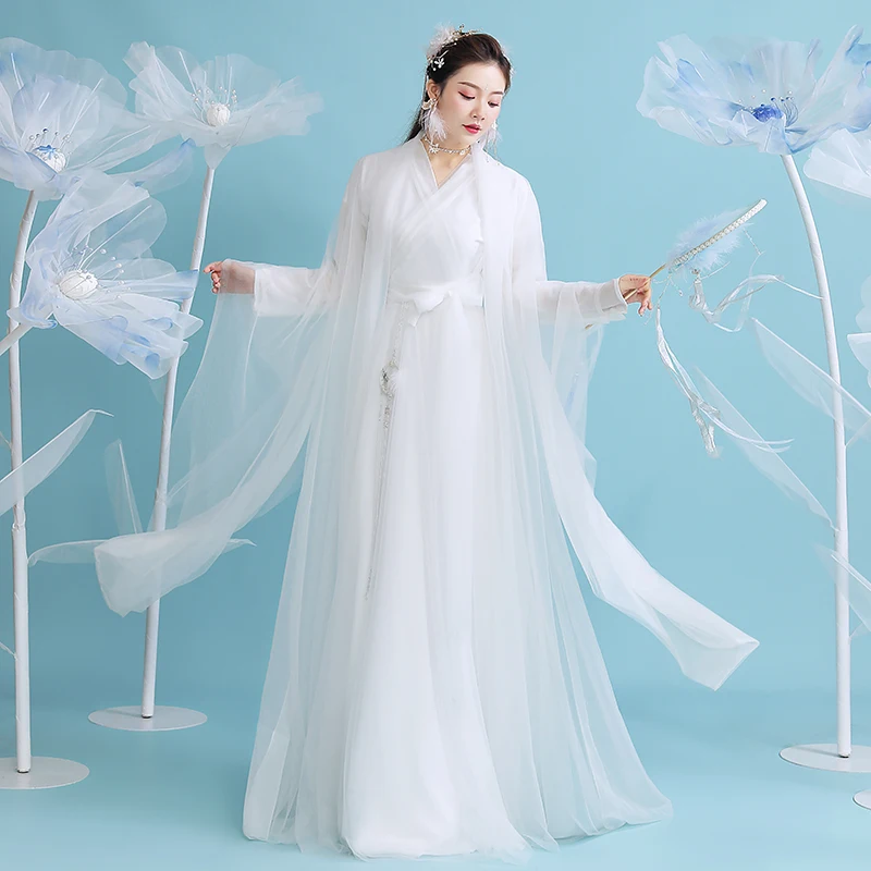 Kinų Stiliaus Balta Hanfu Suknelė Moterims, Elegantiškas Senovės Princesė Kostiumas Rytų Retro Saldus Pasakų Rinkinių Princesė Šokių Kostiumas Nuotrauka 0
