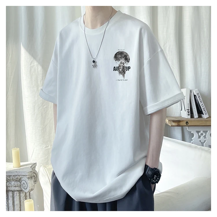 M5630 Atspausdintas trumpas rankovėmis vyriški vasaros plonas laisvas atsitiktinis marškinėliai medvilniniai marškinėliai viršų Nuotrauka 1