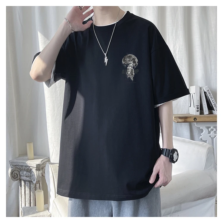 M5630 Atspausdintas trumpas rankovėmis vyriški vasaros plonas laisvas atsitiktinis marškinėliai medvilniniai marškinėliai viršų Nuotrauka 4