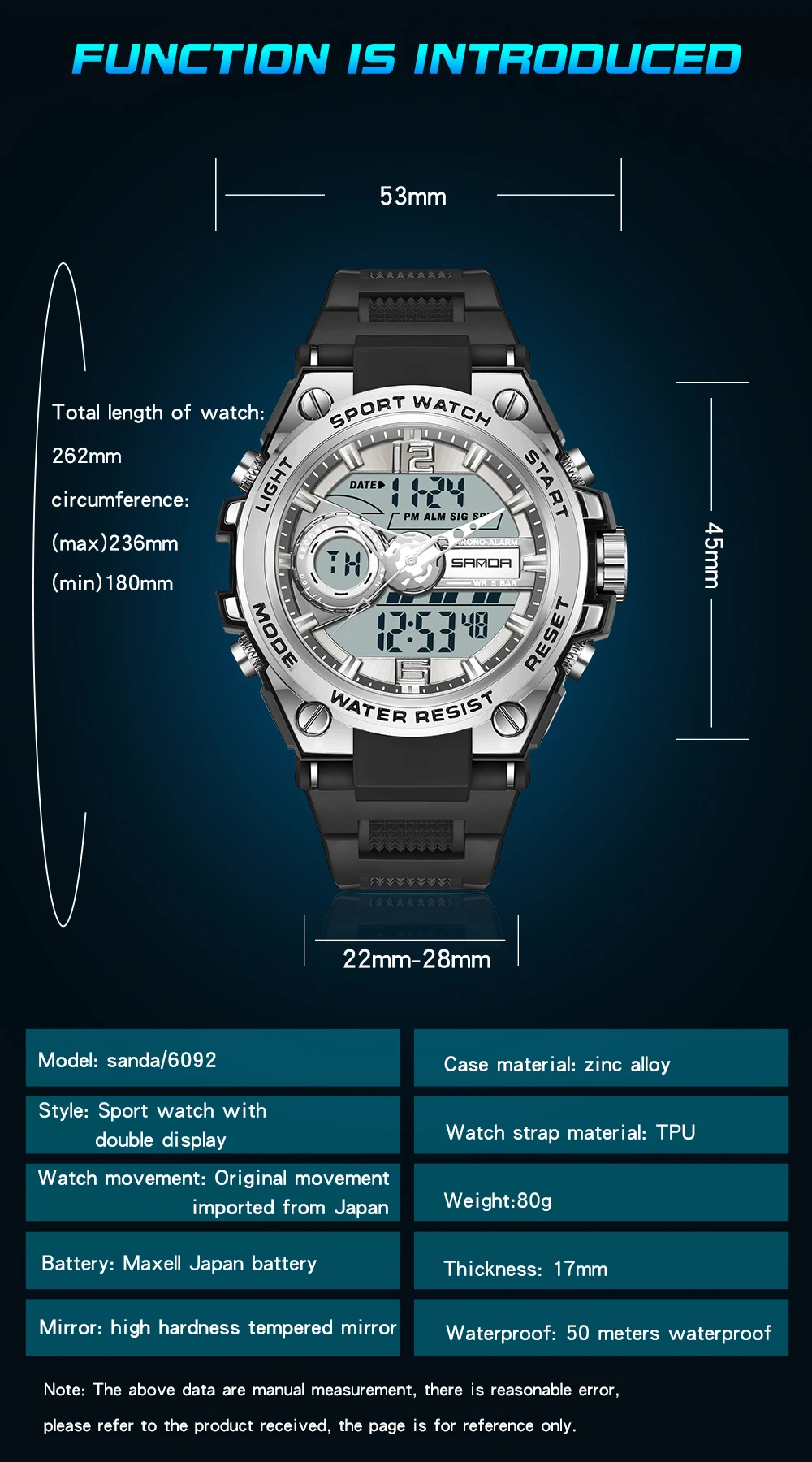 SANDA Naujas Sporto Karinės vyriški Laikrodžiai 50M atsparumas Vandeniui Kvarcinis Laikrodis LED Skaitmeninio Laikrodžio Vyrų Laikrodis Relogios Masculino 6092 Nuotrauka 3