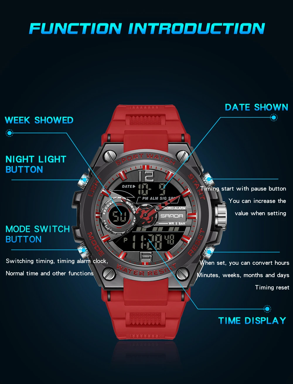SANDA Naujas Sporto Karinės vyriški Laikrodžiai 50M atsparumas Vandeniui Kvarcinis Laikrodis LED Skaitmeninio Laikrodžio Vyrų Laikrodis Relogios Masculino 6092 Nuotrauka 4