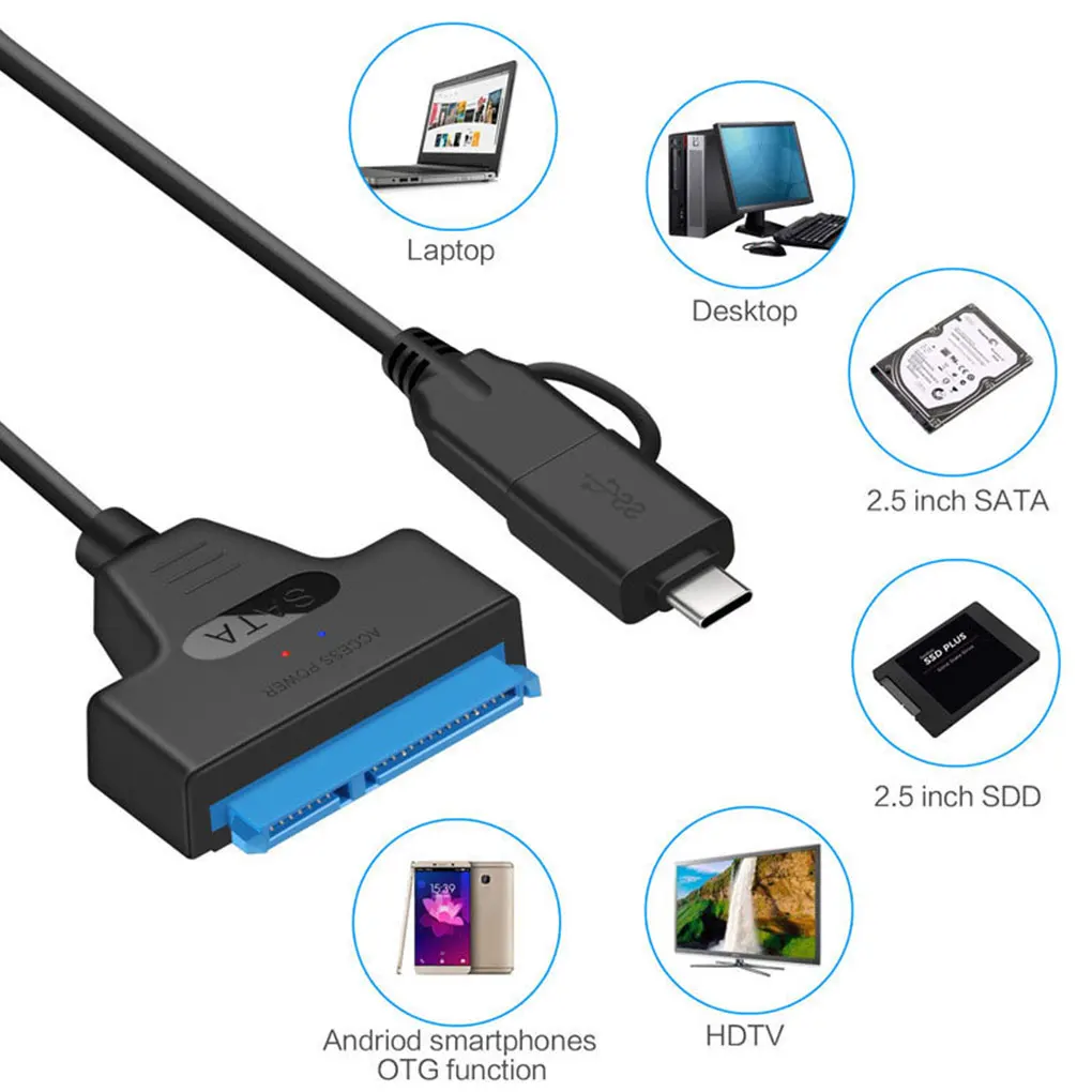 SATA Adapteris Kabelio Standusis diskas USB Tipo c Konverteris, Laidas USB 3 0 2-in-1 Greitai Perdavimo Greitis Kabelis Nuotrauka 1