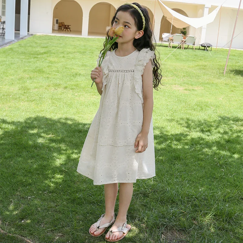 Siuvinėjimo Nėrinių Paauglių Vaikų Vasaros Suknelė 2023 Mados Mergaičių Gėlėti Drabužiai Vaikams Mielas Princesė Dress Raukiniai Skristi Rankovės Nuotrauka 4