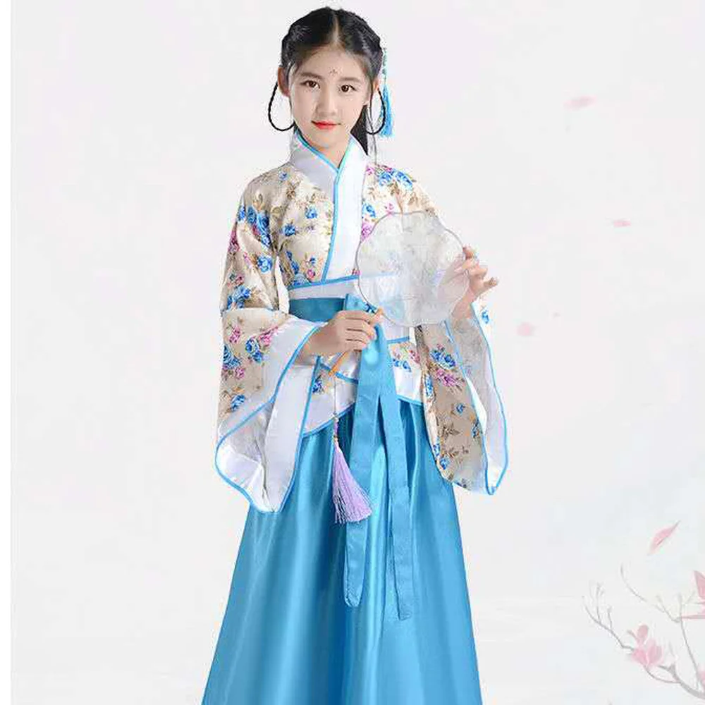Mergina Siuvinėjimo Tradicinės Kinų Sijonas + Kimono Viršuje Mėlyna Levanda Raudona Vaikų Hanfu Chineses Elegent Hanfu Suknelė Vaikai Nuotrauka 1