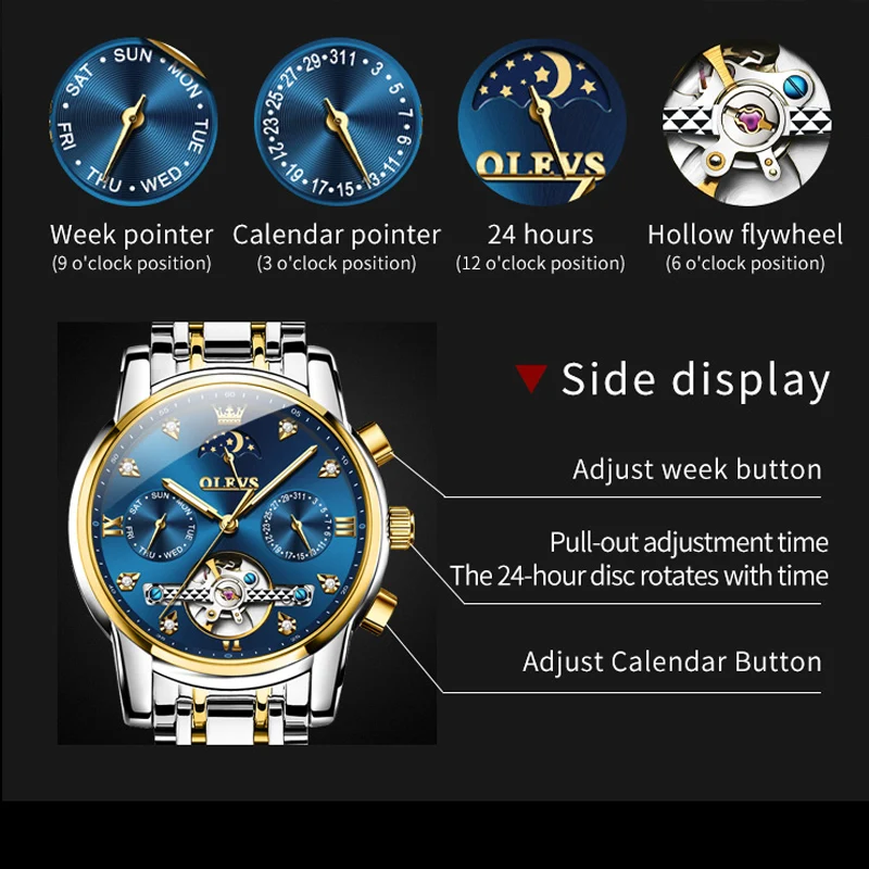OLEVS Vyrų Prabangus Automatinis Mechaninis laikrodis Nerūdijančio Plieno Tourbillon Sporto Laikrodis, Data Mėnulio Fazė Verslo Laikrodis Relojes Nuotrauka 5