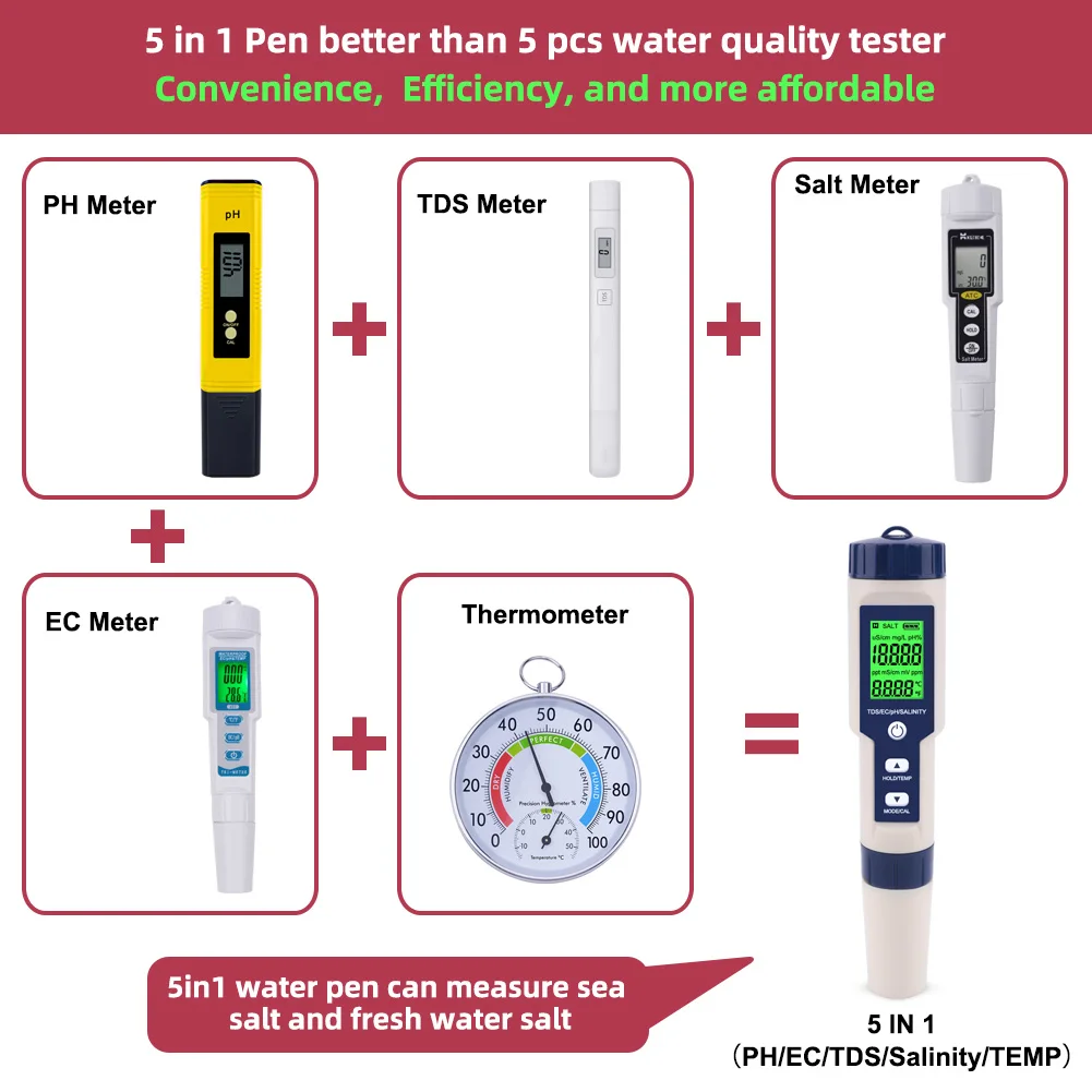 TDS/EB/PH/Druskingumą/Temperatūros 5 1Meter Skaitmeninis Vandens Kokybę, Stebėti Testeris, Baseinų, Geriamo Vandens, Akvariumai Nuotrauka 3