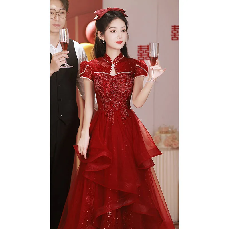 Yourqipao Moterų Cheongsam Vestuvių Skrudinta Duona Drabužių 2023 Kinijos Tradicinės Raudonos Spalvos Nuotakos Suknelė Vakare Prom Šalies Sužadėtuvių Suknelė Nuotrauka 5