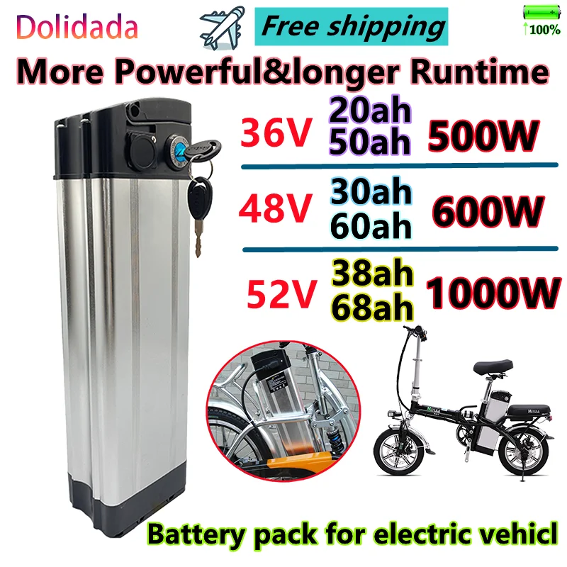 Portable52V e-bike baterija 1000W didelės galios ličio baterija, aliuminio korpuso, tinka ilgalaikius gyvenimo e-bike serija Nuotrauka 0