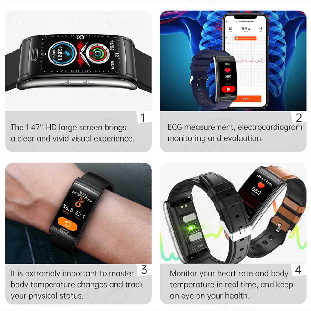 SACOSDING Kraujo Gliukozės Stebėti Sveikatos Smart Watch Vyrų EKG+PPG Kraujo Spaudimo Matavimas IP68 Vandeniui Sporto Moterims smartwatch Nuotrauka 1