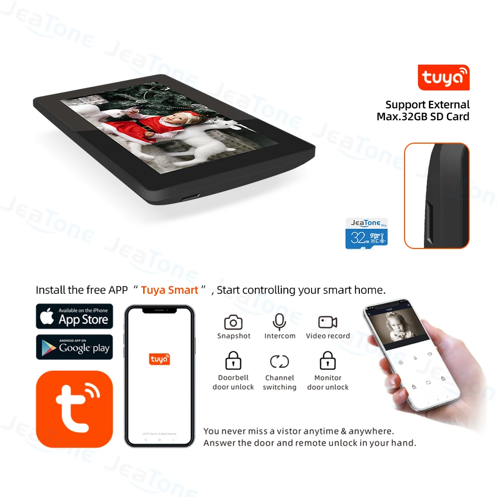 Jeatone WiFi Video Domofonas Namų Smart Touch Ekranas su 1080P Laidinio Doorbell Tuya APP Slaptažodį Kortelėje Braukite Stebėti Atrakinti Nuotrauka 2