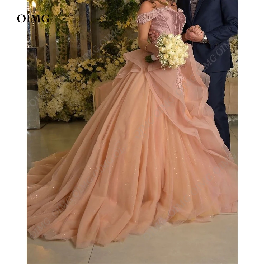 OIMG Elegantiškas Šviesiai Rožinės spalvos Gėlių Tiulio Dubajus Oficialų Prom Dresses Off Peties Nėrinių Ilgai Vakare Chalatai Moterims, Vestuvės Dress Nuotrauka 0