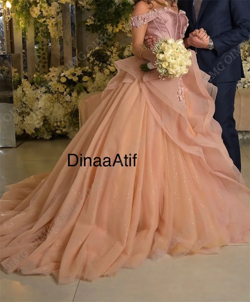 OIMG Elegantiškas Šviesiai Rožinės spalvos Gėlių Tiulio Dubajus Oficialų Prom Dresses Off Peties Nėrinių Ilgai Vakare Chalatai Moterims, Vestuvės Dress Nuotrauka 1