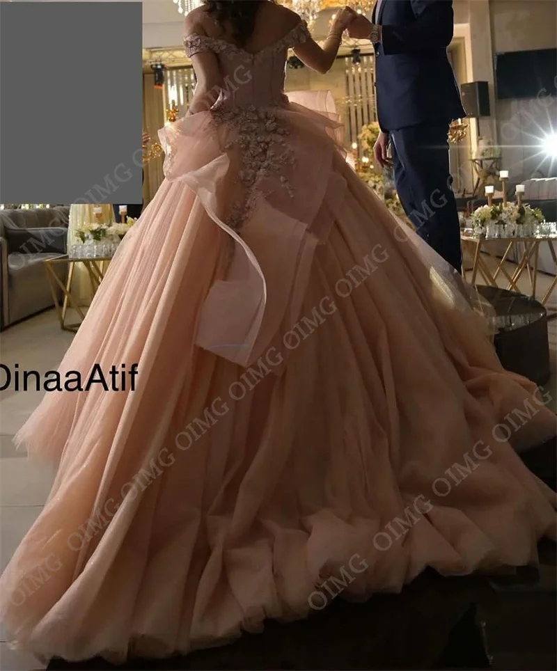 OIMG Elegantiškas Šviesiai Rožinės spalvos Gėlių Tiulio Dubajus Oficialų Prom Dresses Off Peties Nėrinių Ilgai Vakare Chalatai Moterims, Vestuvės Dress Nuotrauka 2
