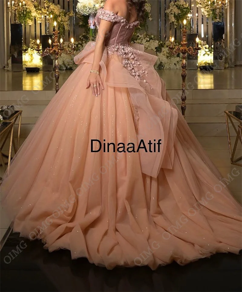 OIMG Elegantiškas Šviesiai Rožinės spalvos Gėlių Tiulio Dubajus Oficialų Prom Dresses Off Peties Nėrinių Ilgai Vakare Chalatai Moterims, Vestuvės Dress Nuotrauka 3