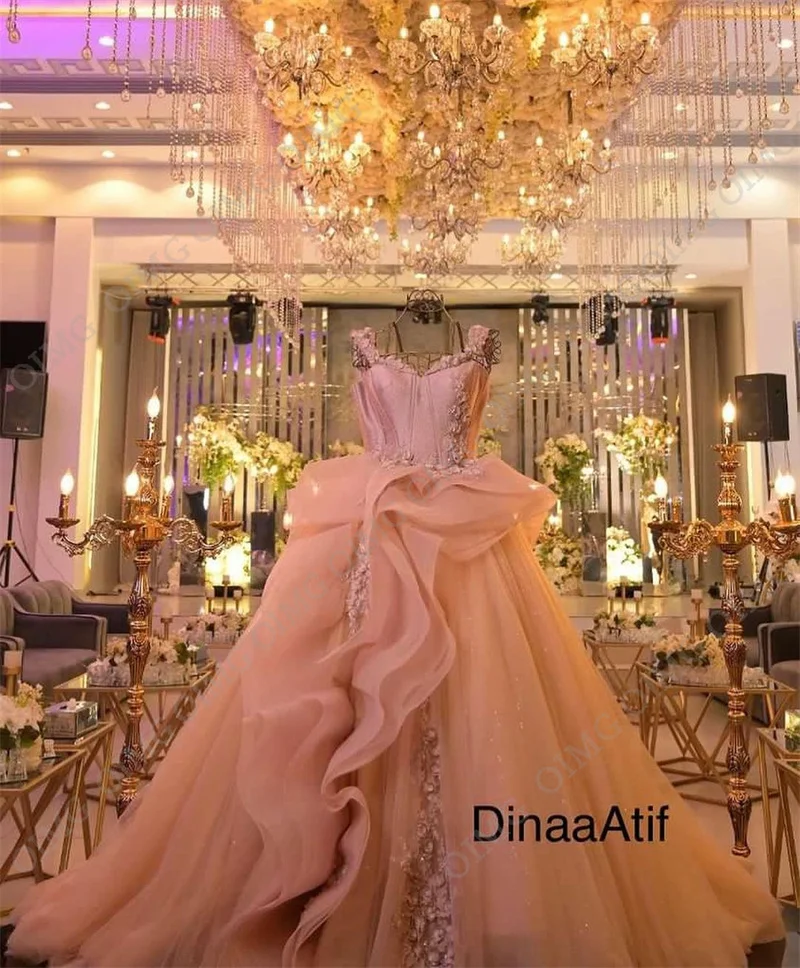 OIMG Elegantiškas Šviesiai Rožinės spalvos Gėlių Tiulio Dubajus Oficialų Prom Dresses Off Peties Nėrinių Ilgai Vakare Chalatai Moterims, Vestuvės Dress Nuotrauka 4