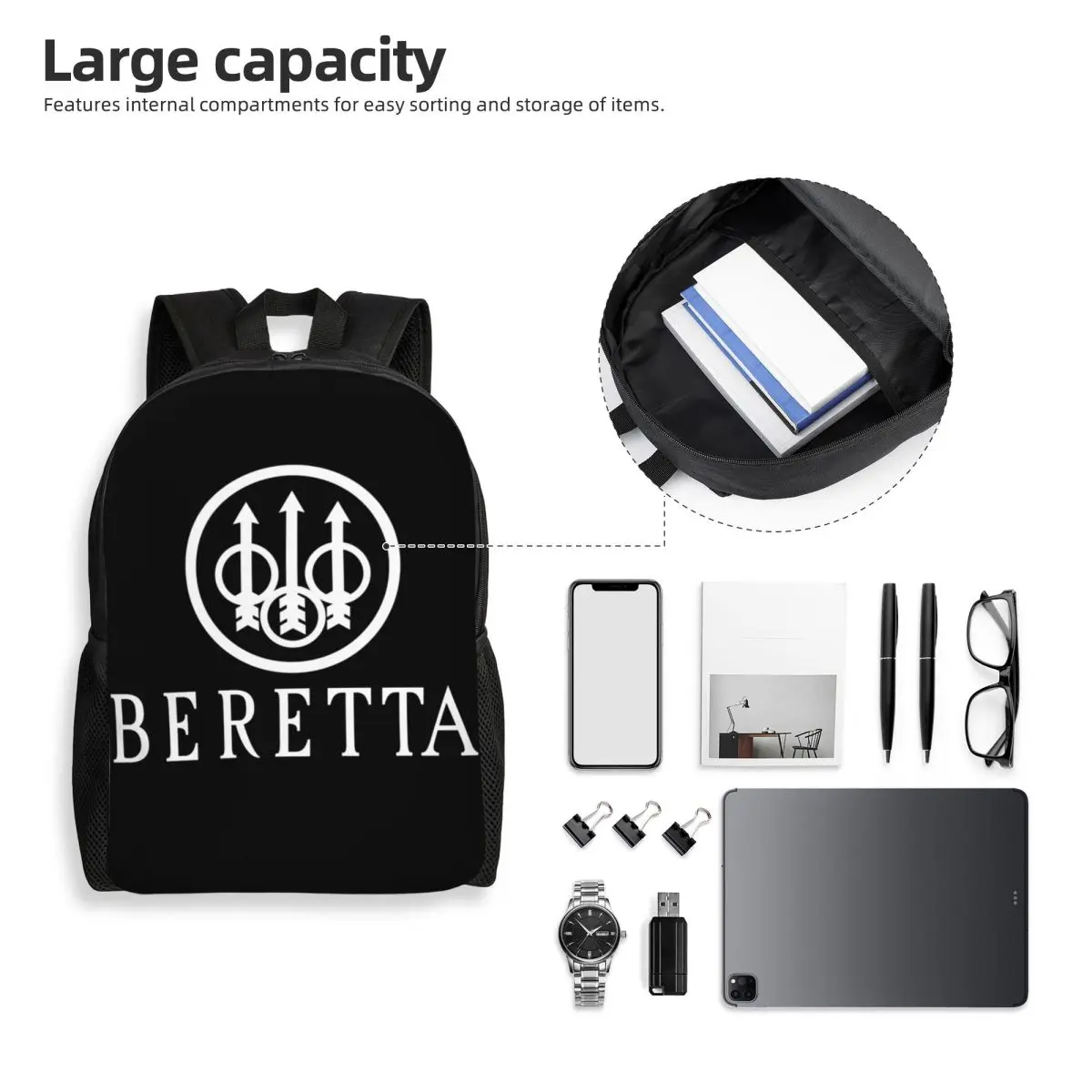 Beretta Pistoletas Logotipas Kuprinė Vyrams, Moterims, Atsparus Vandeniui College School Karinės Maišelį Spausdinimo Bookbags Nuotrauka 4
