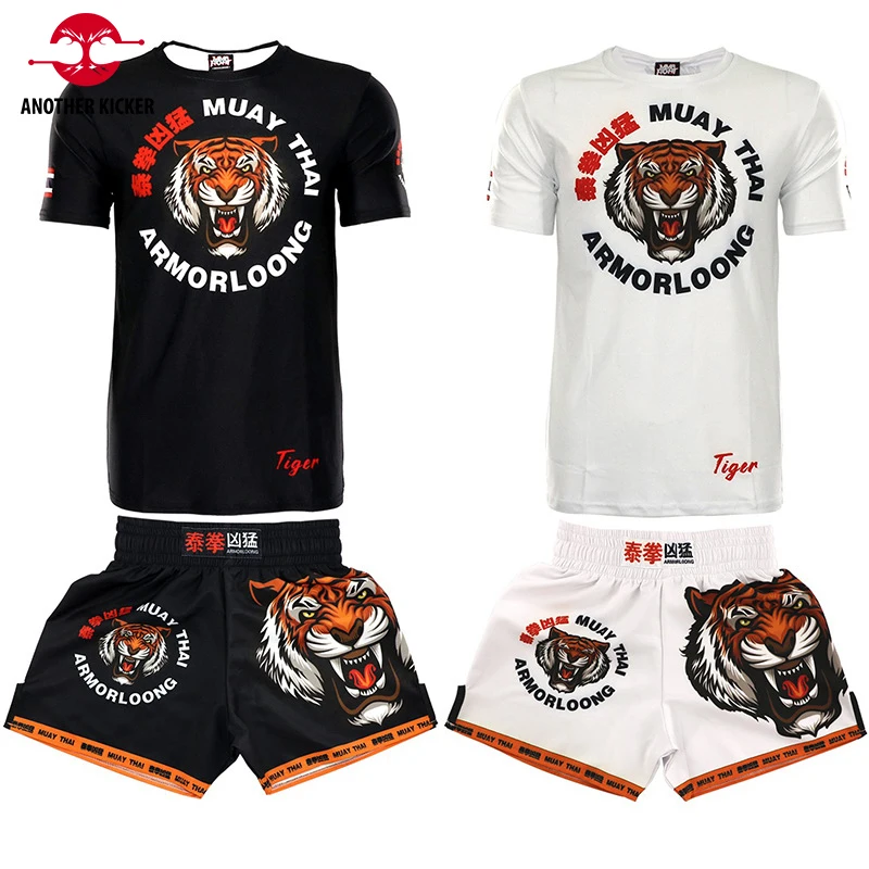 Tiger Muay Thai Šortai MMA Rashguard Nustatyti Juoda Balta Bokso Mokymo Vienodas Kovoje Grumiasi Kikbokso Kelnės Jiu Jitsu T-Shirt Nuotrauka 0