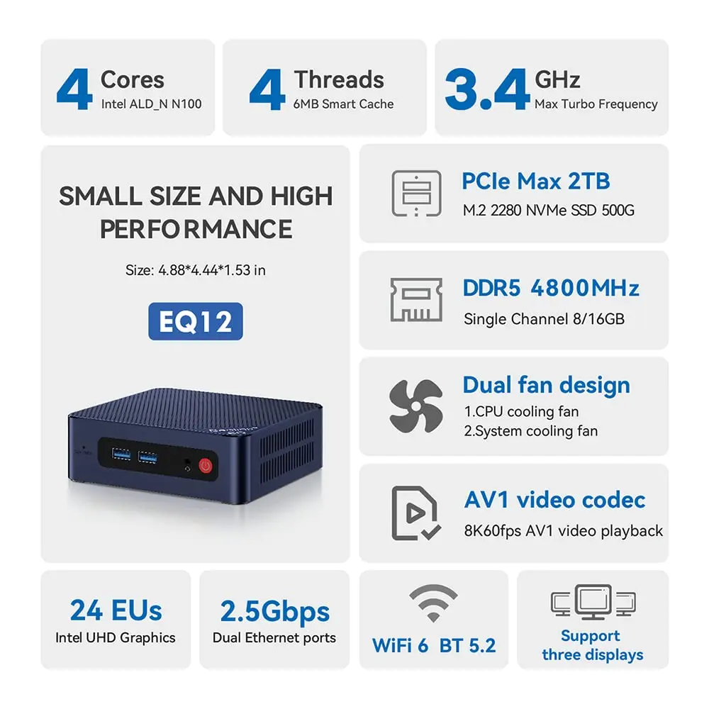 Beelink EQ12 Mini PC - Alksnio Ežero N100, 16 GB DDR5, 500GB SSD - 4K, Dual HDMI, WiFi 6 - Idealiai tinka Office/Home/HTPC/NAS Nuotrauka 2